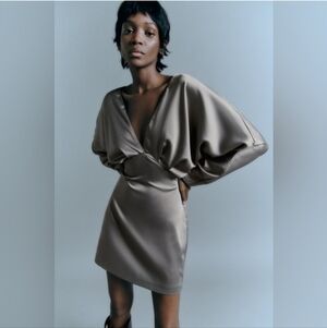 Zara Voluminous Sleeve Satin Effect Mini Dress Deep V Backless Sage Green XL